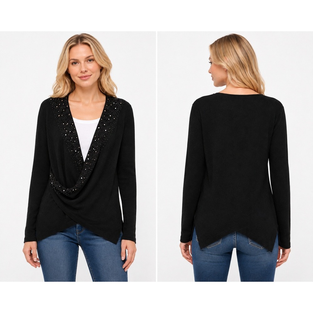 Black Studded Sweater sz. L Rhinestone Faux Wrap Wool Blend Festive Party Layer